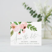 ロマンチックな赤面ピンクのフローラ日付の発表を保存 シーズンポストカード (スタンド正面)