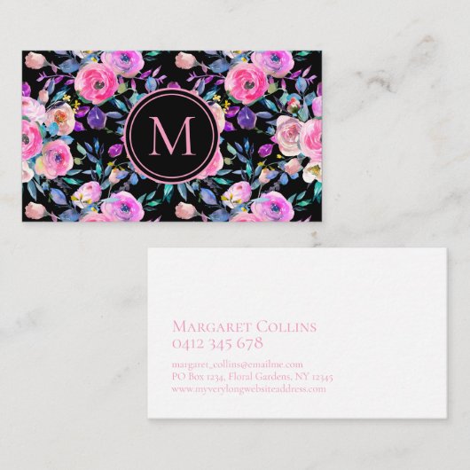 ロマンチックな赤面ピンクのフローラ水彩 名刺 (正面/裏面)