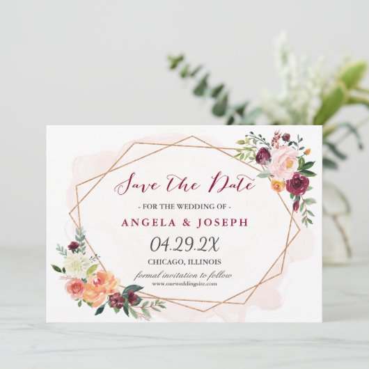 ロマンチックな赤面ピンクのフローラ結婚式の日付を保存 セーブザデート (スタンド正面)