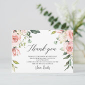 ロマンチックな赤面ピンクのフローラ緑のブライダルシャワー サンキューカード (スタンド正面)