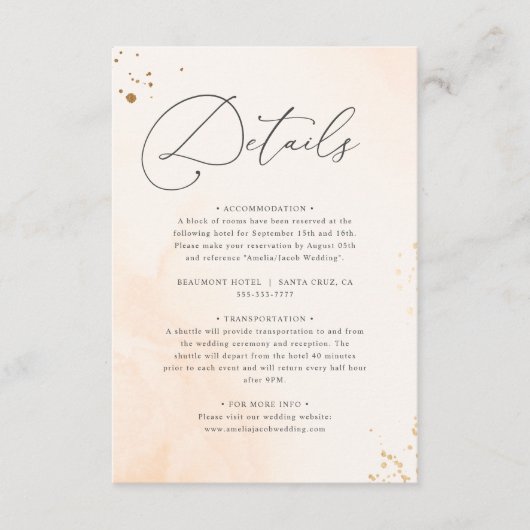 ロマンチックな赤面ピンクウォーター結婚カラーの詳細 エンクロージャーカード (正面)