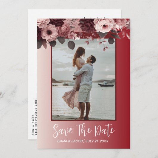 ロマンチックな赤面ピンクブルゴーニュ水カラー花模様 セーブザデート (正面/裏面)