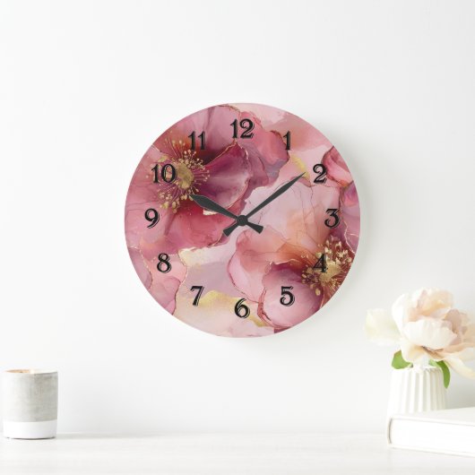 ロマンチックな赤面ピンクブルゴーニュ金ゴールドフローラ ラージ壁時計 (ホーム)
