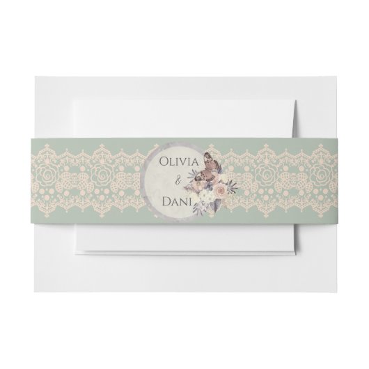 ロマンチックな赤面ピンクレースサージグリーンベリーバンド 招待状ベリーバンド (正面例)