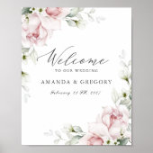 ロマンチックな赤面ピンクローズ結婚ズウェルカムサイン ポスター (正面)