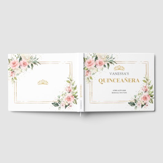 ロマンチックな赤面ピンクローズ金ゴールドティアラキンセアニェラ ゲストブック (全面)