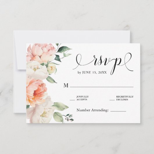 ロマンチックな赤面ピンク牡丹フローラカントリーウェディング 出欠カード (正面)