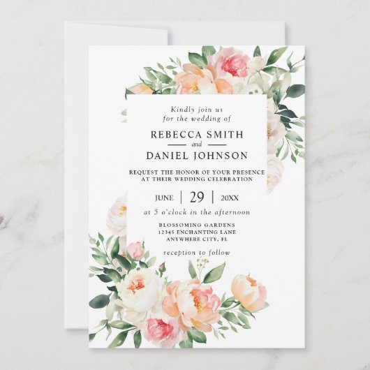 ロマンチックな赤面ピンク牡丹フローラカントリーウェディング 招待状 (正面)