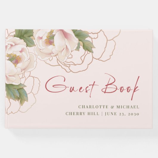 ロマンチックな赤面ピンク牡丹結婚フローラズゲストブック ゲストブック (正面)