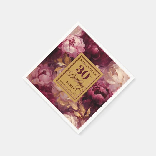 ロマンチックな赤面ブルゴーニュ金ゴールドウォーターの色30th スタンダードカクテルナプキン (角)