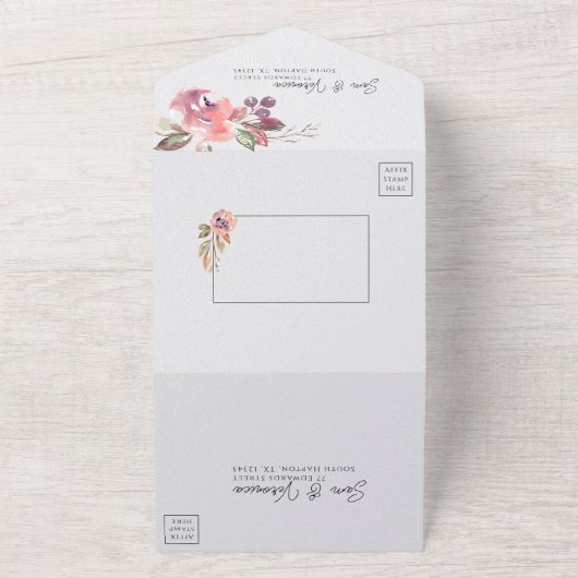 ロマンチックな赤面ムーヴウォーター色フローラ オールインワン招待状 (外側)