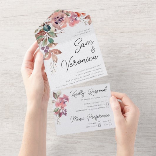 ロマンチックな赤面ムーヴウォーター色フローラ オールインワン招待状 (貼ってはがせる)