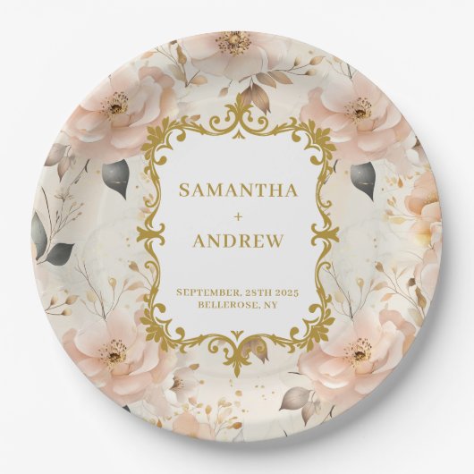 ロマンチックな赤面結婚金ゴールドの紙プレート ペーパープレート (正面)