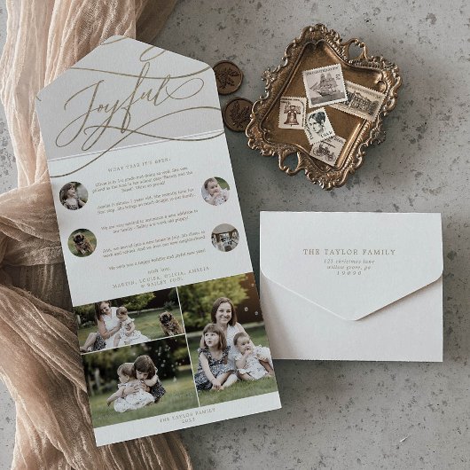 ロマンチックな金ゴールドうれしそうな数々のクリスマスフォトホリデー オールインワン招待状