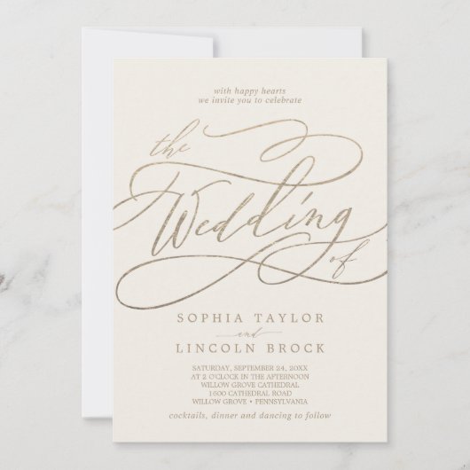 ロマンチックな金ゴールドとアイボリーのQRコード結婚すべて 招待状 (正面)