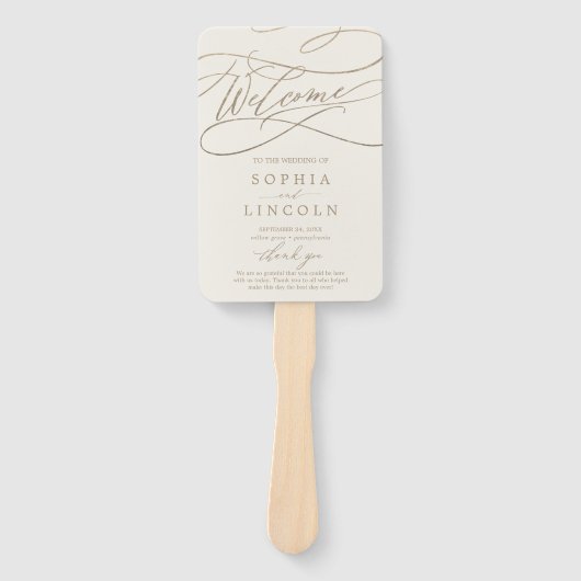 ロマンチックな金ゴールドとアイボリー披露宴結婚式 プログラム ハンドファン (正面)