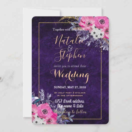 ロマンチックな金ゴールドとパープル結婚フローラのコレクション 招待状 (正面)