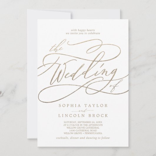 ロマンチックな金ゴールドの書結婚は~の魅力を引き立てる 招待状 (正面)