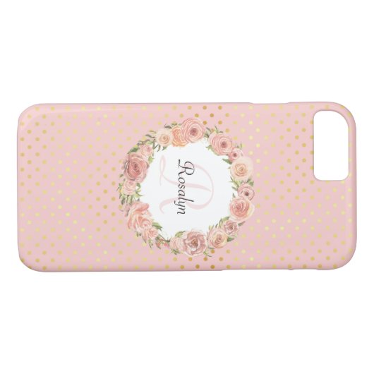 ロマンチックな金ゴールドの点々のあるなばら色の花のモノグラムのな名前 Case-Mate iPhoneケース (裏面(横))