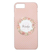 ロマンチックな金ゴールドの点々のあるなばら色の花のモノグラムのな名前 Case-Mate iPhoneケース (裏面)