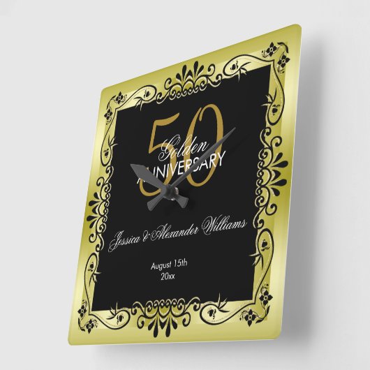 ロマンチックな金ゴールドの装飾的な組み立てられた第50結婚式 スクエア壁時計 (傾斜)