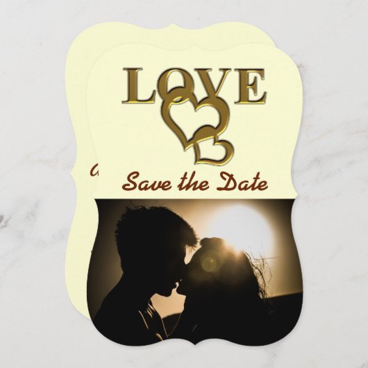 ロマンチックな金ゴールドインターロックハート、写真、レッドローズ 招待状 (正面/裏面)