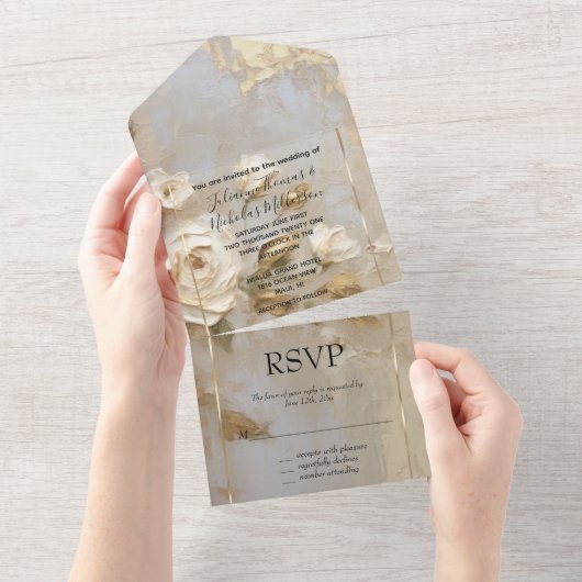 ロマンチックな金ゴールドクリームホワイトローズ オールインワン招待状 (貼ってはがせる)