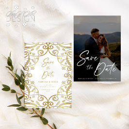 ロマンチックな金ゴールドグリッター結婚フローラレースの写真 セーブザデート