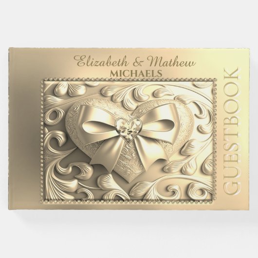 ロマンチックな金ゴールドハートサテンボウ ゲストブック (正面)