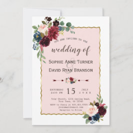 ロマンチックな金ゴールドブルゴーニュ海軍ブルーフローラズ 招待状