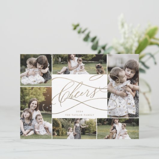 ロマンチックな金ゴールド応援新年7写真家族ニュース シーズンカード (スタンド正面)