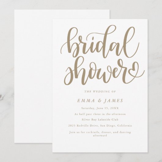 ロマンチックな金ゴールド書道の繁栄ブライダルシャワーI 招待状 (正面/裏面)
