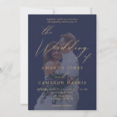 ロマンチックな金ゴールド書道ネイビーブルー結婚フォト 招待状 (正面)