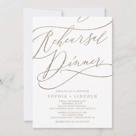 ロマンチックな金ゴールド書道リハーサルディナー 招待状 (正面)
