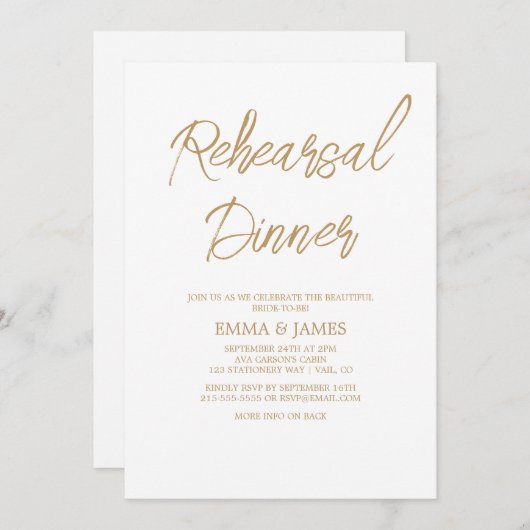ロマンチックな金ゴールド書道リハーサルディナー 招待状 (正面/裏面)