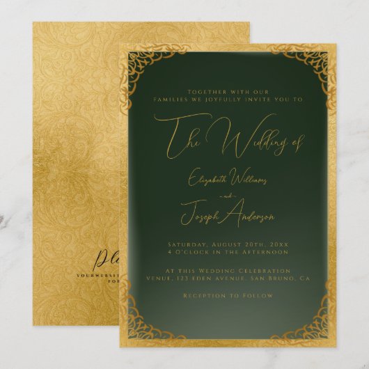 ロマンチックな金ゴールド書道&ゴールドフォイル結婚ズ 招待状 (正面/裏面)