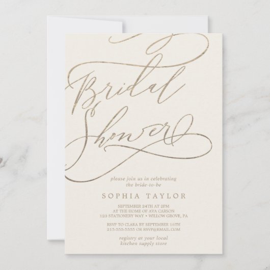 ロマンチックな金ゴールド書 |アイボリーブライダルシャワー 招待状 (正面)