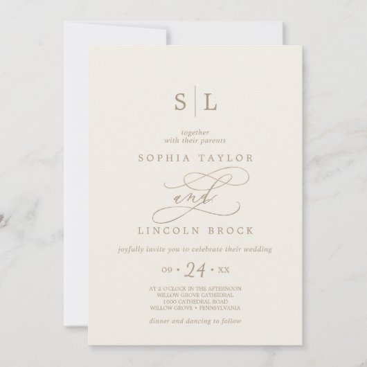 ロマンチックな金ゴールド書 |アイボリーモノグラム結婚ズ 招待状 (正面)