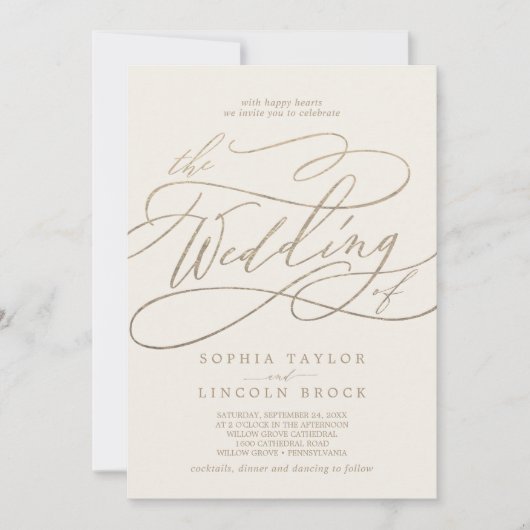 ロマンチックな金ゴールド書 |アイボリー結婚の内容 招待状 (正面)