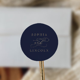ロマンチックな金ゴールド書 |ネイビー封筒用シール ラウンドシール