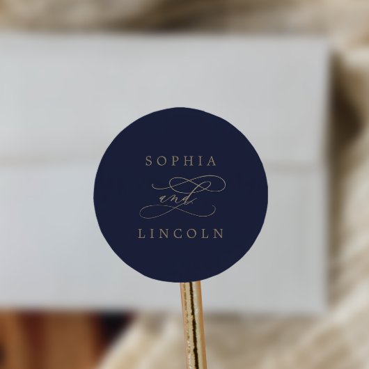 ロマンチックな金ゴールド書 |ネイビー封筒用シール ラウンドシール