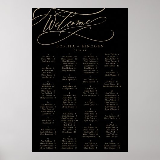 ロマンチックな金ゴールド書 |ブラックシーティングチャート ポスター (正面)