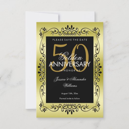 ロマンチックな金ゴールド飾り枠50th 結婚s セーブザデート (正面)