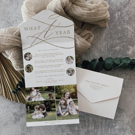 ロマンチックな金ゴールドWhat A Year 数々のフォトホリデー オールインワン招待状