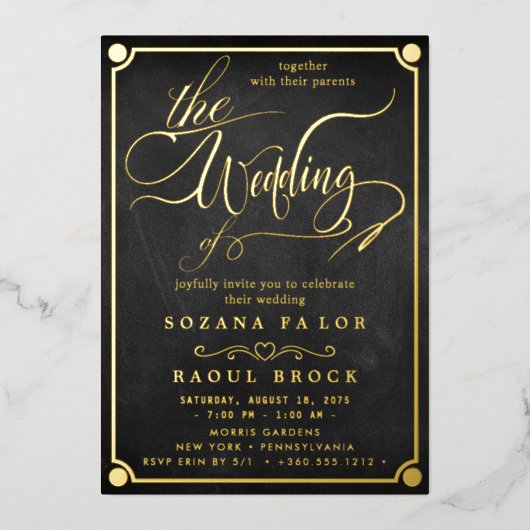 ロマンチックな金箔エメラルドフローリッシュ我々結婚は 箔招待状 (正面)