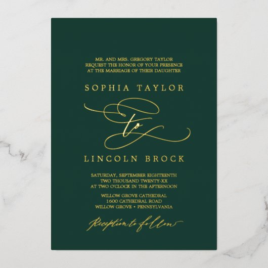 ロマンチックな金箔エメラルドフローリッフォーマルシュ結婚ーズ 箔招待状 (正面)