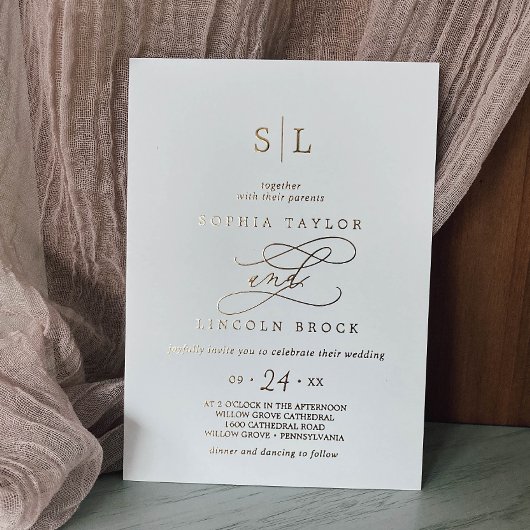 ロマンチックな金箔書道モノグラム結婚ズ 箔招待状