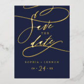 ロマンチックな金箔書道海軍の日付を保存 箔招待状ポストカード (正面)