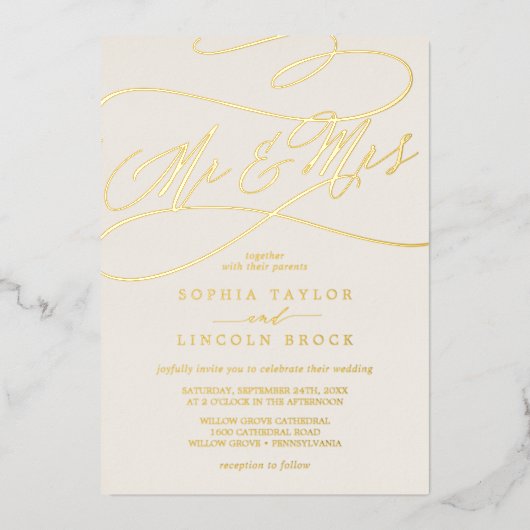 ロマンチックな金箔 |アイボリーミセス結婚ズ 箔招待状 (正面)