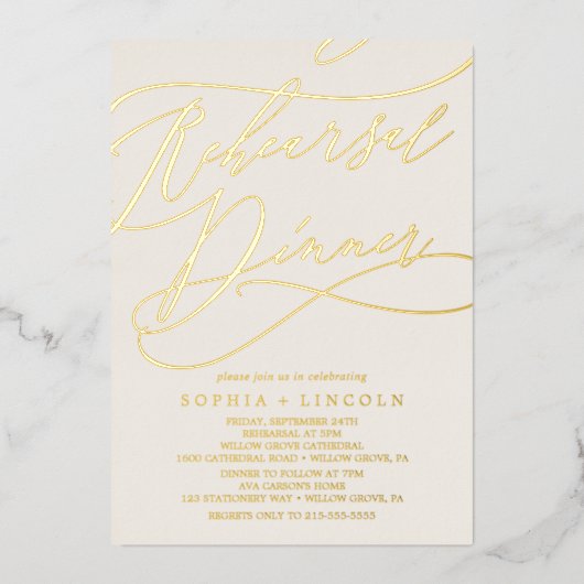 ロマンチックな金箔 |アイボリーリハーサルディナー 箔招待状 (正面)
